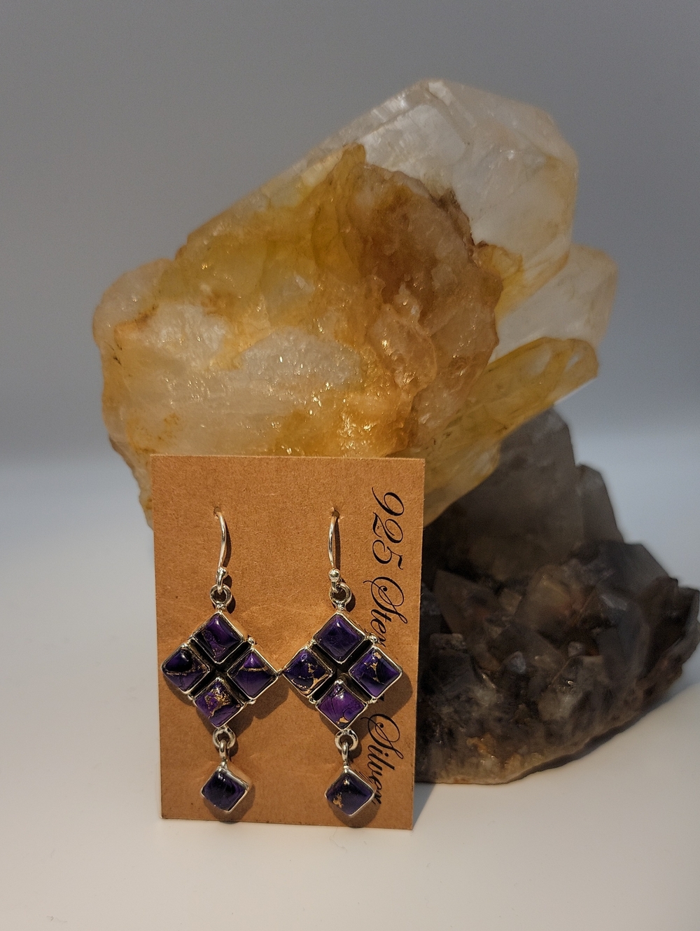 Sterling Silver 925 Kingman Purple Dahlia Turquoise Cluster Dangle Earrings 2” - Picture 3 of 9
